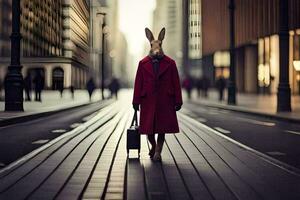 une lapin portant une rouge manteau et porter une mallette des promenades vers le bas une ville rue. généré par ai photo