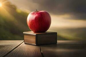 un Pomme est assis sur Haut de une livre sur une en bois tableau. généré par ai photo