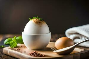 un Oeuf dans une tasse avec épices et herbes. généré par ai photo