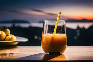 une verre de Orange jus avec une Jaune paille sur une tableau. généré par ai photo