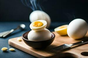 une bol de bouilli des œufs avec une couteau et fourchette. généré par ai photo