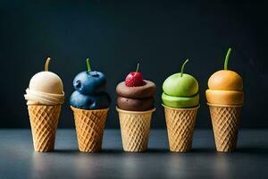 cinq la glace crème cônes avec différent les saveurs. généré par ai photo