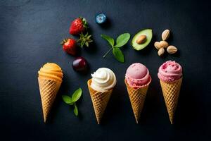 différent les saveurs de la glace crème dans cônes sur une noir Contexte. généré par ai photo