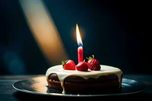 une anniversaire gâteau avec une Célibataire bougie sur Haut. généré par ai photo