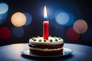 une anniversaire gâteau avec une Célibataire bougie. généré par ai photo