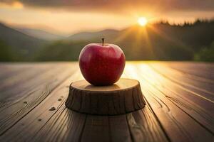 rouge Pomme sur une en bois table avec le Soleil réglage derrière il. généré par ai photo