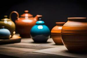 une groupe de coloré des vases séance sur une tableau. généré par ai photo