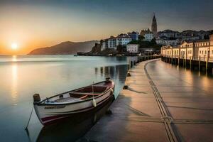 une bateau est assis sur le l'eau à le coucher du soleil. généré par ai photo