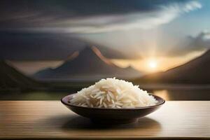 une bol de riz sur une table dans de face de montagnes. généré par ai photo