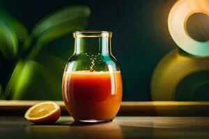 une verre pot avec Orange jus et une tranche de citron. généré par ai photo