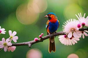 une coloré oiseau est assis sur une branche avec rose fleurs. généré par ai photo