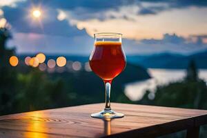 une verre de rouge liquide séance sur une table dans de face de une lac. généré par ai photo