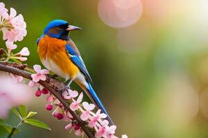 une bleu et Orange oiseau est perché sur une branche de une floraison arbre. généré par ai photo