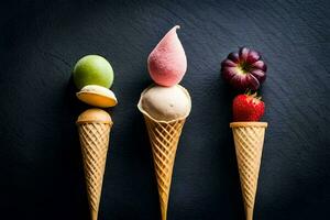 Trois la glace crème cônes avec différent les types de fruit. généré par ai photo