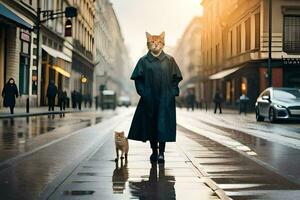 une femme dans une manteau et chat masque en marchant vers le bas une rue. généré par ai photo