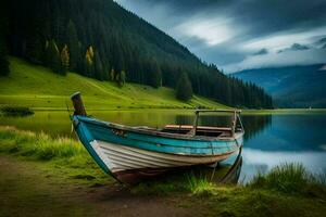 une bateau est assis sur le rive de une lac. généré par ai photo