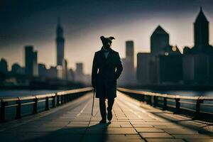 une homme dans une costume et attacher en marchant sur une pont plus de une ville. généré par ai photo