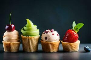 quatre différent les types de la glace crème dans petit gâteau emballages. généré par ai photo