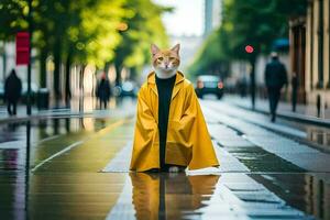 une chat dans une Jaune imperméable permanent sur une humide rue. généré par ai photo