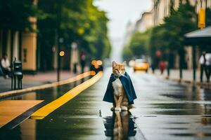 une chat portant une cap des promenades vers le bas une rue. généré par ai photo