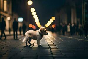 une chien est permanent sur une rue à nuit. généré par ai photo