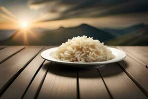 riz dans une assiette sur une en bois tableau. généré par ai photo