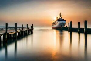 une bateau amarré à le jetée à le coucher du soleil. généré par ai photo