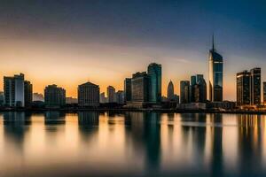 le horizon de Dubai à le coucher du soleil. généré par ai photo