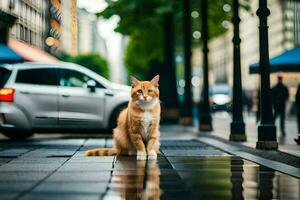 un Orange chat séance sur le trottoir dans de face de une auto. généré par ai photo