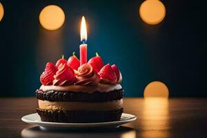 une anniversaire gâteau avec une Célibataire bougie. généré par ai photo