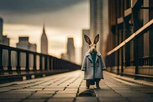 une lapin portant une manteau et attacher permanent sur une pont. généré par ai photo