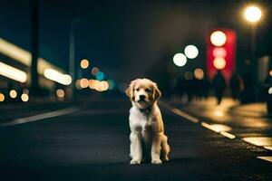 une chien séance sur le rue à nuit. généré par ai photo