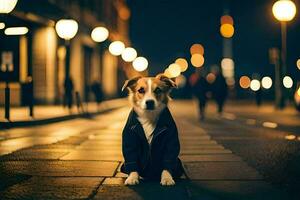 une chien séance sur le rue à nuit. généré par ai photo