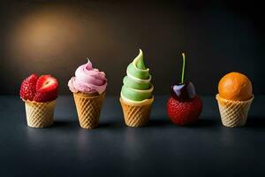 cinq différent la glace crème les saveurs dans cônes. généré par ai photo