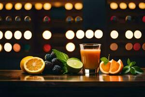 une verre de jus avec des oranges, baies et une tranche de citron. généré par ai photo