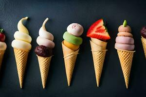 une rangée de la glace crème cônes avec différent les types de desserts. généré par ai photo