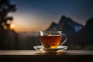 une tasse de thé sur une Montagne Haut. généré par ai photo