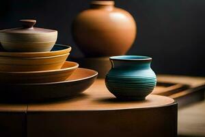 une collection de céramique boules et des vases sur une tableau. généré par ai photo