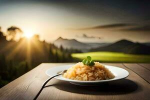 une assiette de riz avec une cuillère sur une table dans le montagnes. généré par ai photo