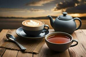 une tasse de thé et une tasse de café sur une en bois tableau. généré par ai photo