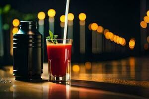 une verre de rouge jus avec une paille. généré par ai photo