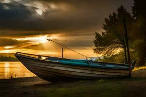 une bateau est assis sur le rive à le coucher du soleil. généré par ai photo