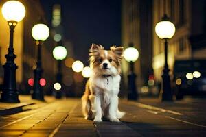 une chien permanent sur une rue à nuit. généré par ai photo