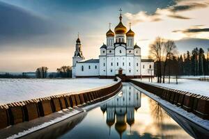 le russe orthodoxe cathédrale dans le l'hiver. généré par ai photo