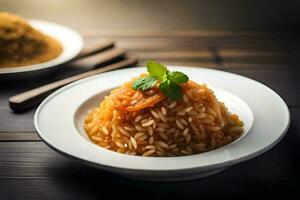 une assiette de riz avec tomate sauce et une cuillère. généré par ai photo