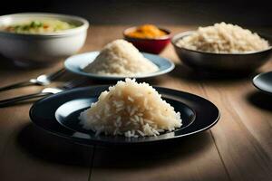 une assiette de riz avec une bol de riz et une bol de riz. généré par ai photo