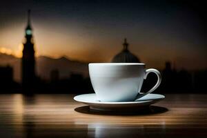 une tasse de café sur une table dans de face de une ville ligne d'horizon. généré par ai photo