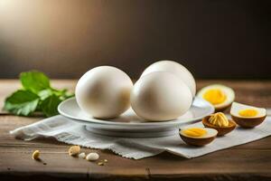 Trois des œufs sur une assiette avec une cuillère. généré par ai photo