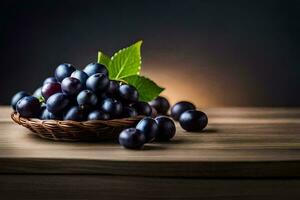 noir prunes dans une panier sur une en bois tableau. généré par ai photo