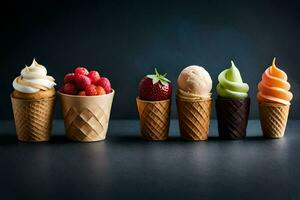 différent les saveurs de la glace crème dans cônes. généré par ai photo